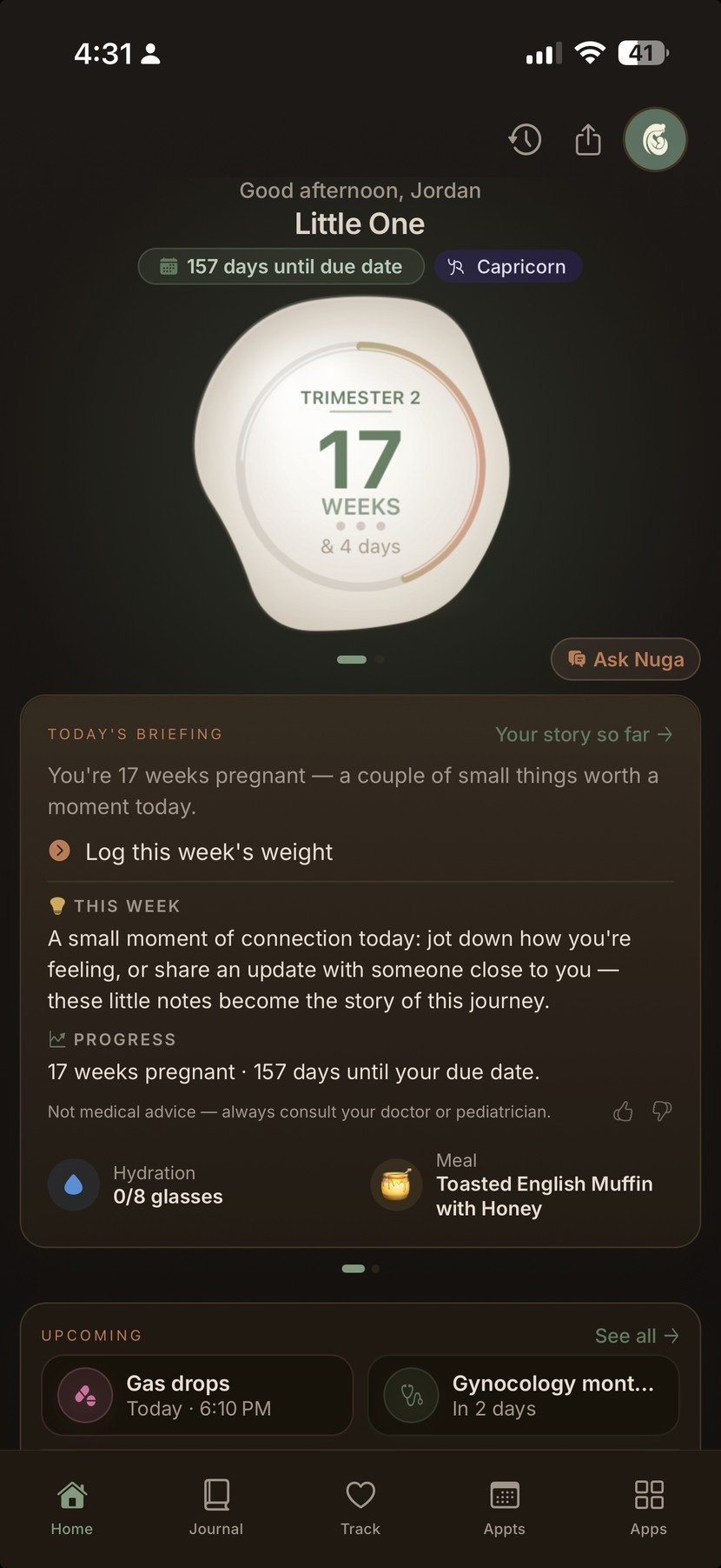 Nuga's Home screen in night mode, showing the week-by-week progress orb and Today's Briefing card on a dark background