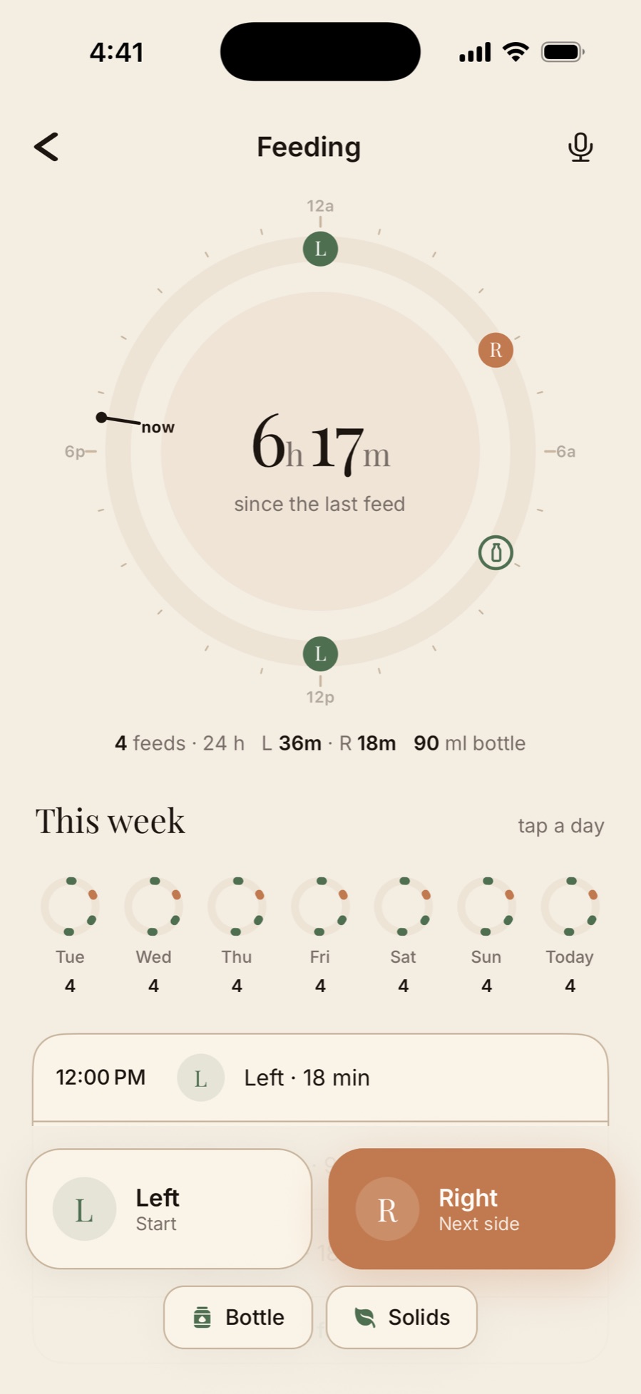 NUGA's Feeding screen: a 24-hour clock of the day's feeds, time since the last feed, the week's feeds by day, and Left, Right, Bottle and Solids buttons