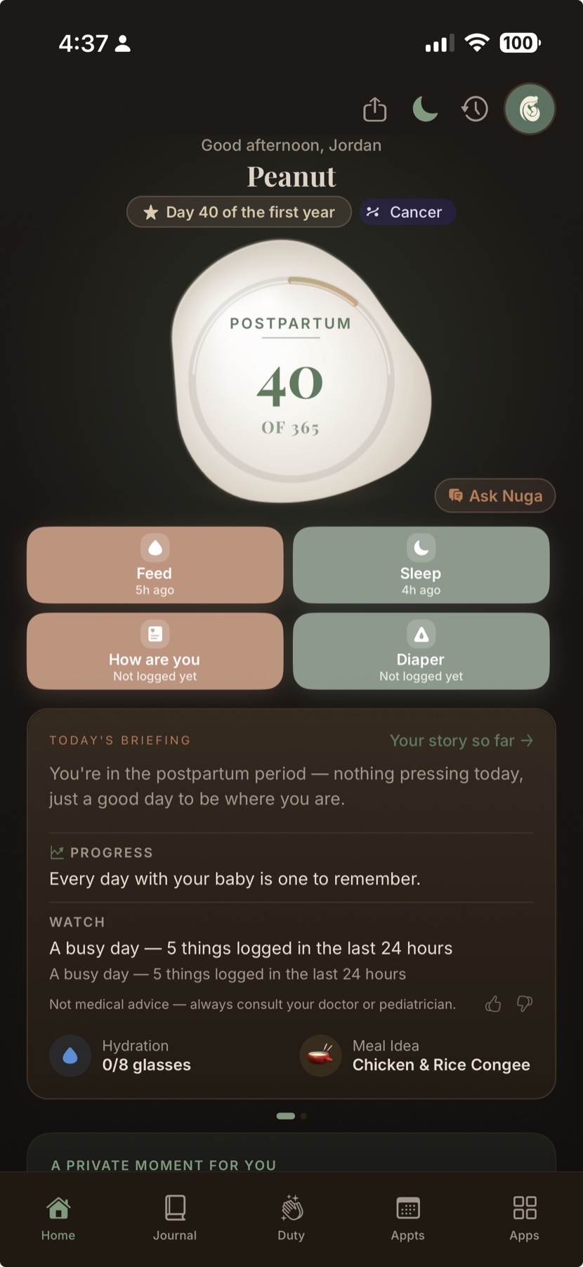 Nuga's postpartum Home screen in night mode, showing the day-of-the-first-year orb and feed, sleep, and diaper logs