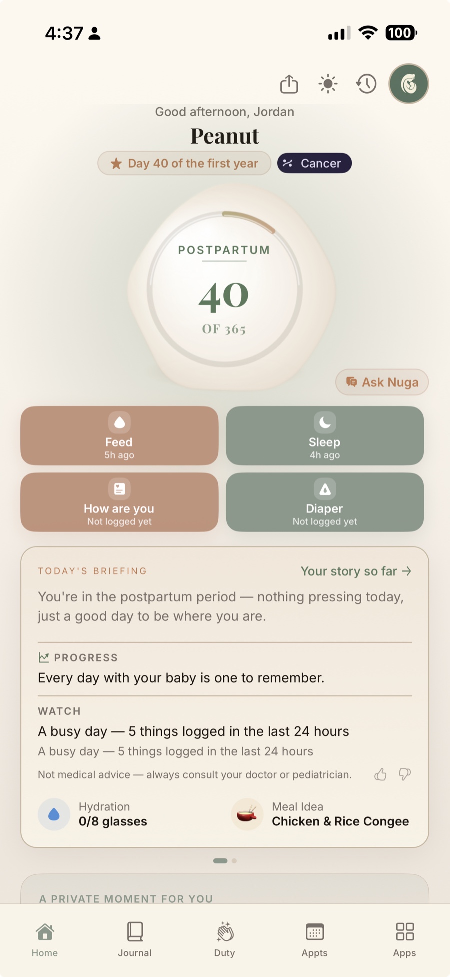 Nuga's postpartum Home screen in day mode, showing the day-of-the-first-year orb and feed, sleep, and diaper logs