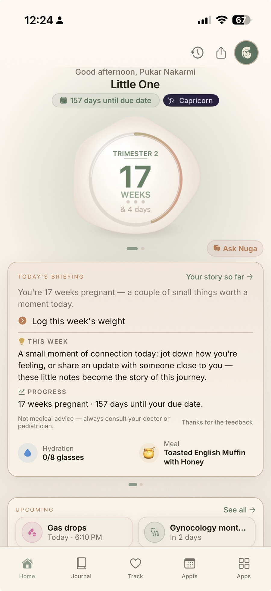 Nuga's Home screen in day mode, showing the week-by-week progress orb and Today's Briefing card