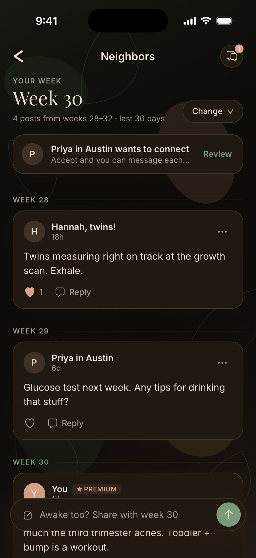 Neighbors at night: the Week 30 room, with a request to connect from another parent and posts from parents in weeks 28 to 30, shown by first name and city only